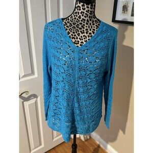 Chico's Crochet Knit Sweater Long Sleeve Turquoise Size 2/Large New Cotton Blend